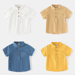 2023 Summer Outdoor Style New Boys Stand Collar Short Sleeve Casual Style Skin Friendly Comfortable Sweat-Absorbent Cotton Shirt