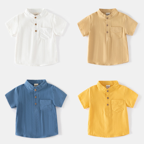  Summer Outdoor Style New Boys Stand Collar Short Sleeve Casual Style Skin Friendly Comfortable Sweat-Absorbent Cotton Shirt
