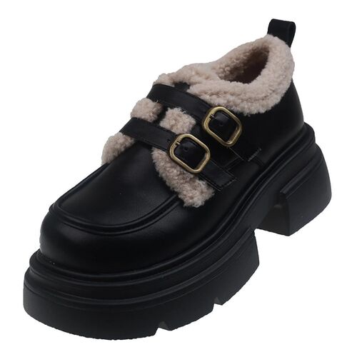 Black British-style leather shoes for women, autumn/winter 2025 new chunky-soled loafers, fleece-lined cotton shoes, Mary Jane shoes—new style.