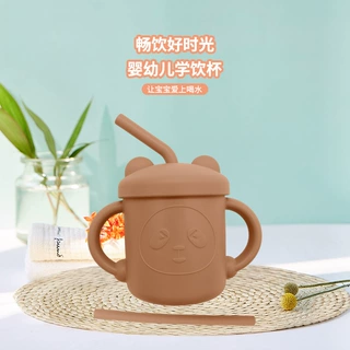 母婴小熊杯儿童硅胶学饮杯带吸管杯饮水杯宝宝防摔硅胶水杯