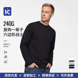 【专业定制】240G棉锦混纺抗皱吸湿排汗纯色男女圆领长袖T恤代发