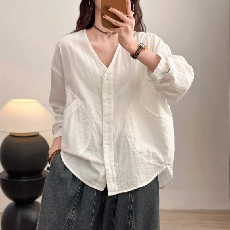 2026 Spring New Style Long-Sleeved Large Pocket Cardigan Shirt Jacket for Women Pure Color Casual V-Neck Loose Shirt