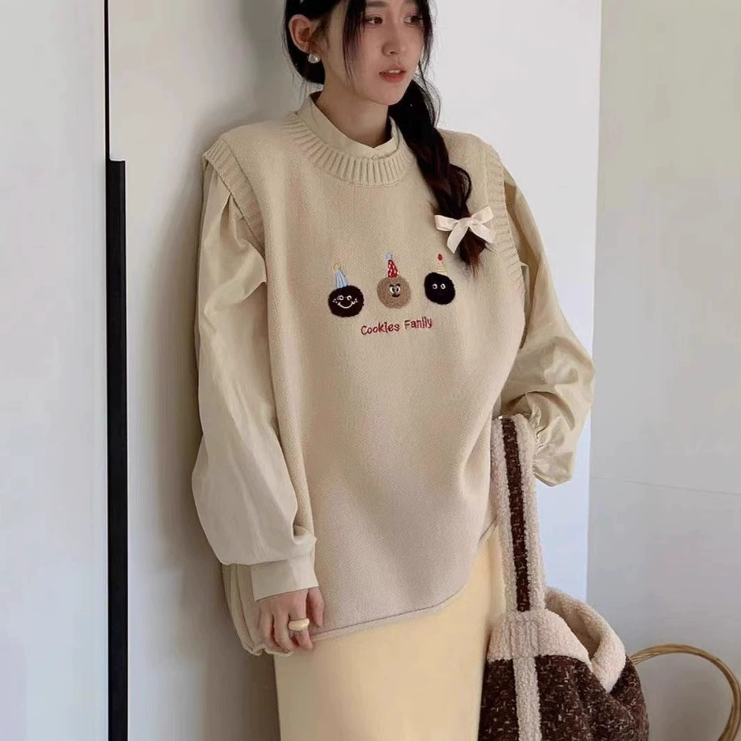 Карикатурный вязаный милый жилет для отдыха, 2024 год, осень, корейский стиль, с вышивкой, круглый вырез