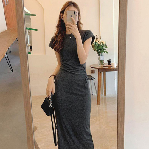 Ins trendy pure desire niche body-shaping slimming short-sleeve dress for women summer Korean version with waist-cinch long dress for women