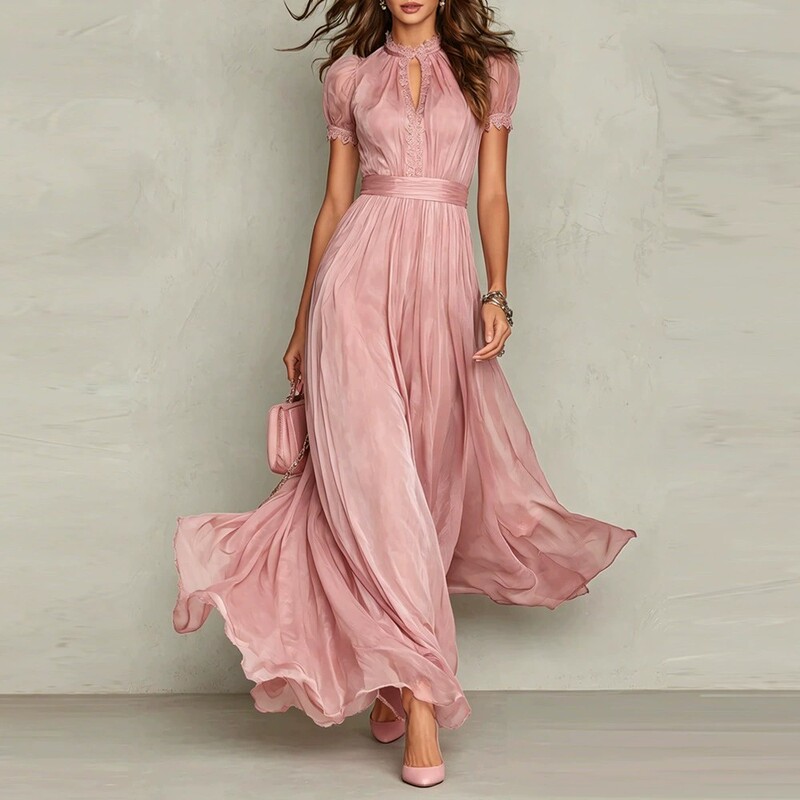 2026 New European and American Style Purple Long Dress with Elegant High Collar, Lace Splicing, and Flowing Chiffon Dress