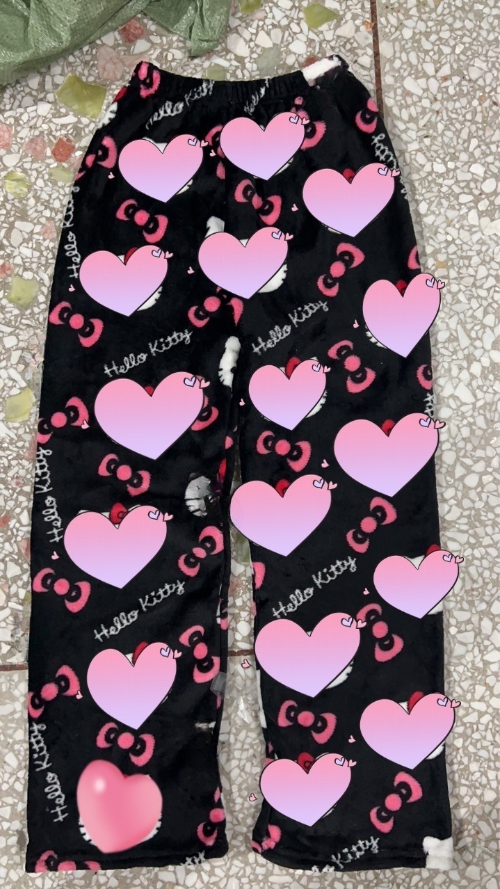 Dibujos Animados KT gato impreso pijama pantalones gruesos de coral de las mujeres de lana de otoño e invierno casa casual franela pijama pantalones gatito desgaste exterior