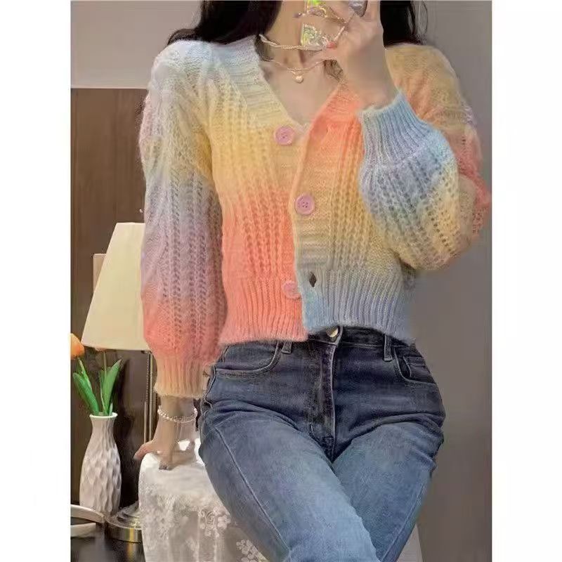 Gradient Color Rainbow Twist Sweater Jacket for Women, Autumn Slim-Fit V-Neck Short Knit Cardigan Gradient Color Rainbow Twist Sweater Jacket for Women, Autumn Slim-Fit V-Neck Short Knit Cardigan