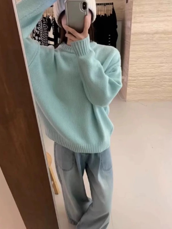 温柔浣熊绒圆领毛衣女宽松外穿秋冬慵懒风套头蓝色软糯打底针织衫|undefined