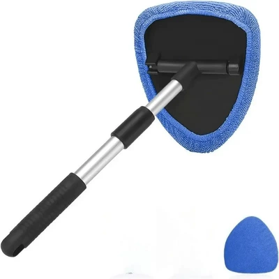 Car Windshield Wiper Cleaning Brush Defogging Window Brush Microfiber Car Wash Glass Window Scraper Telescopic Rod Set (Car cleaning tools) - 1-pentagonal-telescopic-pole-2-royal-blue-cloth-covers