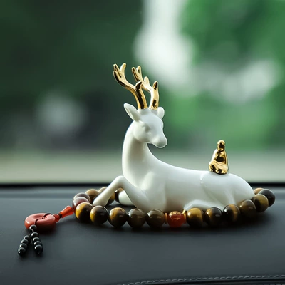 Console High-End Car Car | Car ornaments - send-anti-skid-mat-lying-deer-golden-buddha-tiger-eye-stone-gear-beads