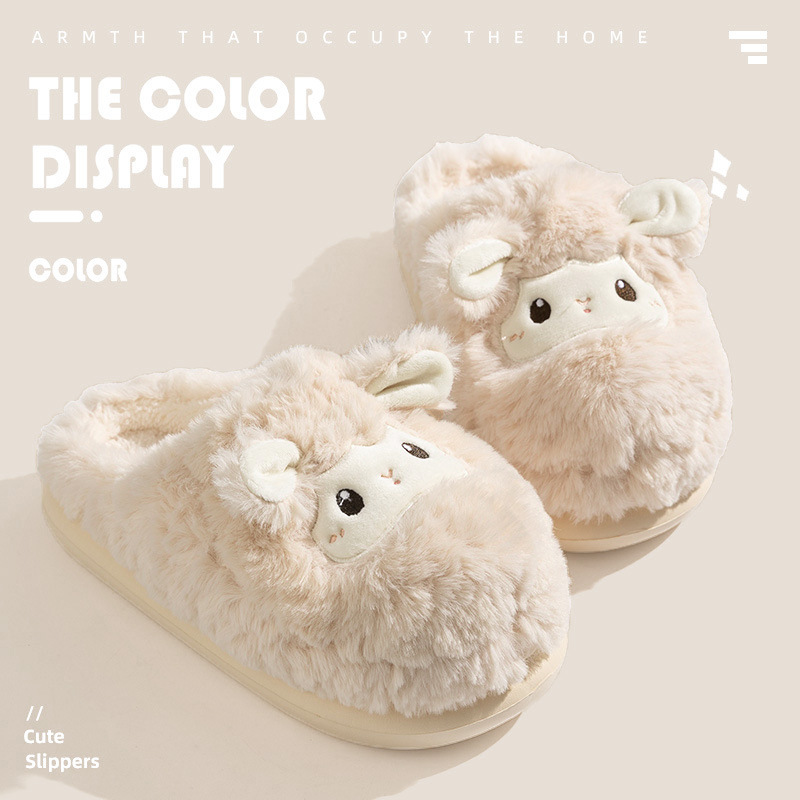 New Style Small Sheep Wool Velvet Warm Cotton Slippers for Women Winter Indoor Non-Slip Home Thick-Soled Couple Slippers for Women New