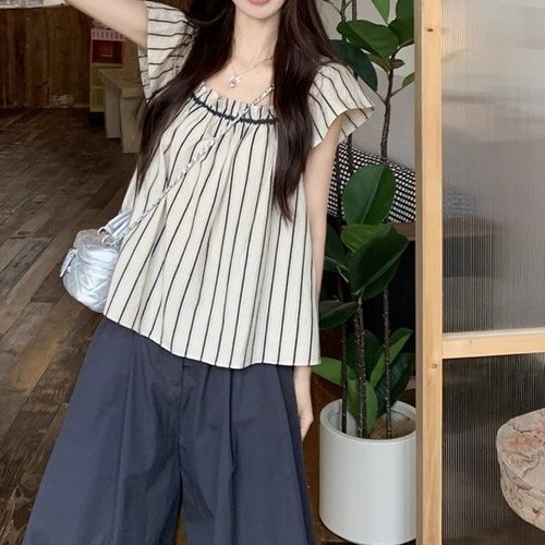 Laid-back Korean-style 2025 set for women, retro striped fly sleeve blouse with summer loose wide-leg casual pants, two-piece set