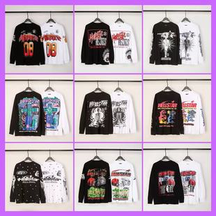 Fashionable Brand High STreeT Hell STar BeauTy Trendy DisTressed Washed Casual Loose BoTToming Long-sleeved Round Neck T-shirT for Men and Women ExporT