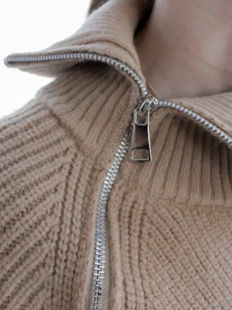 Pull tricoté sexy à col haut et fermeture éclair de style paresseux, haut chaud à manches longues et ample pour vêtements d'extérieur, tendance et épais_voghion.com