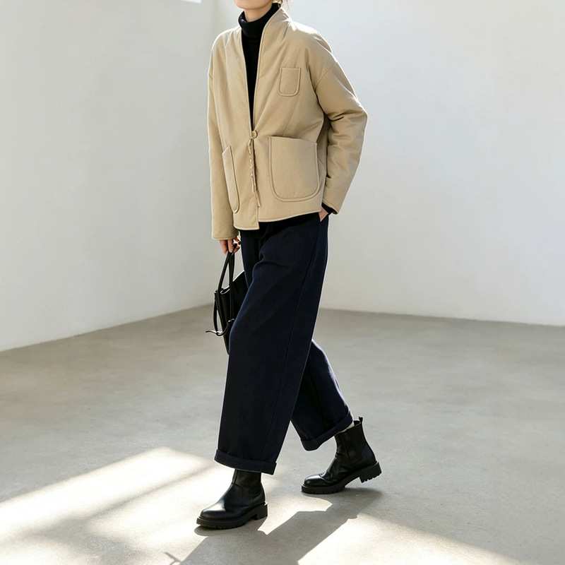 Women's cotton blend wide-leg pants set, autumn and winter two-piece outfit, denim-colored loose straight-leg pants, cotton jacket, 221018 Women's cotton blend wide-leg pants set, autumn and winter two-piece outfit, denim-colored loose straight-leg pants, cotton jacket, 221018