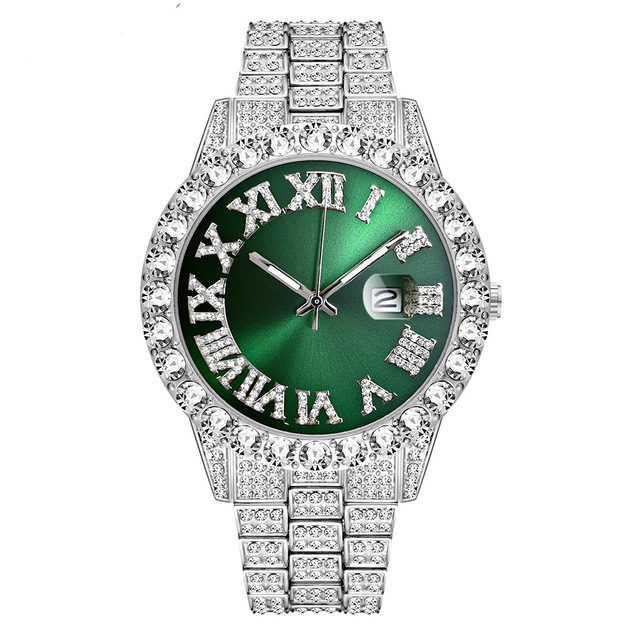 Europa y América nuevo estilo agua fantasma grande rhinestone diamante reloj de los hombres escala romana calendario hip hop reloj de los hombres reloj de oro verde completo reloj de diamantes