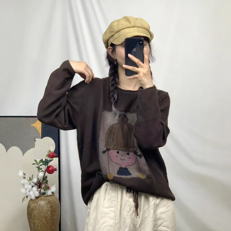 新品厚款复古宽松圆领套头棉线针织衫卡通印花毛衣女|undefined