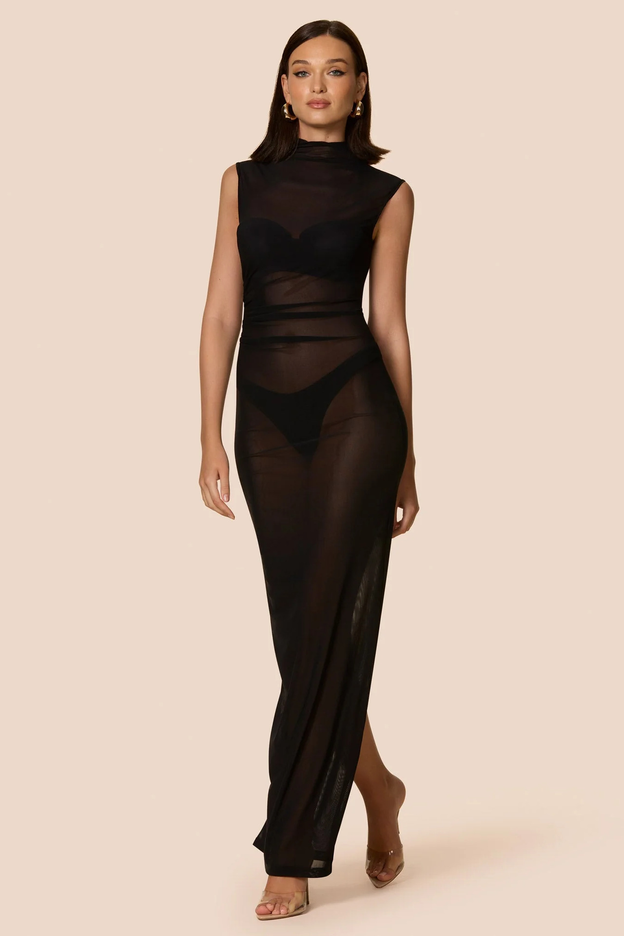 2025 European And American Style Summer New Sexy Women's, Slim-fit Sheer Stand-up Collar Sleeveless Back-slit Mesh_ecoleips.com