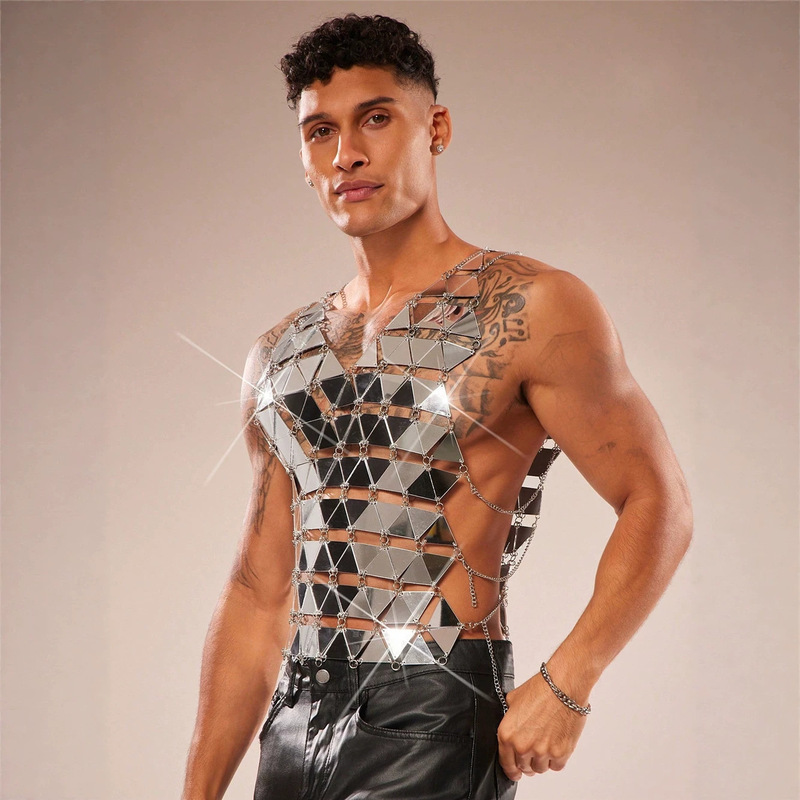 European and American Style Men's Acrylic Vest with Triangular Mirror Patchwork and Hollow-Out Design, Perfect for Parties and Music Festivals, a Dazzling Outerwear Top