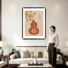 新中式福字客厅铜角装饰画柿柿如意餐厅画正对门玄关挂画