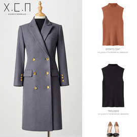 祥春鸟高端职业装羊毛呢大衣女春秋商务通勤西装外套中长款连衣裙