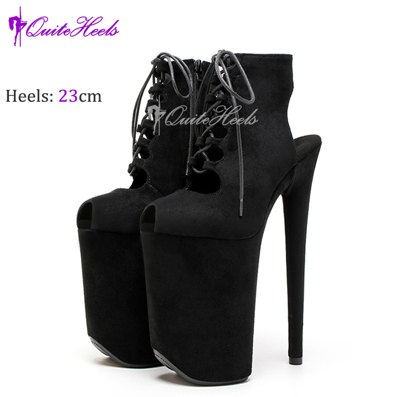 Bốt nữ La Mã siêu cao gót 23cm đi catwalk biểu diễn — Quả mơ MattBeigeMatt, Đen câm Đen Matt, Nhung đen Faux Suede, Đen bóng Black pat chi tiết 2