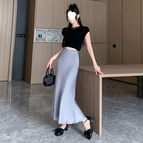 High-waisted silk fish-tail semi-slip dress with elegant coverage, shaping and slimming effect, A-line style, suitable for plus-size women