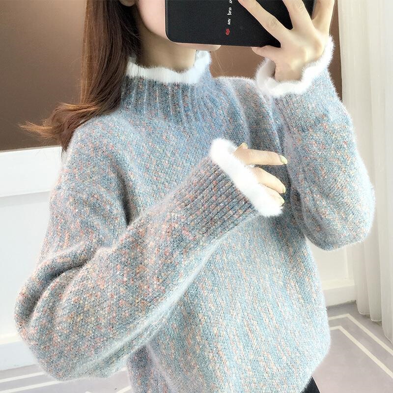 Autumn and Winter New Chenille Lazy Style Loose Long-Sleeve Top, Versatile Knit Sweater with Half-High Collar for Women, Thick Autumn and Winter New Chenille Lazy Style Loose Long-Sleeve Top, Versatile Knit Sweater with Half-High Collar for Women, Thick