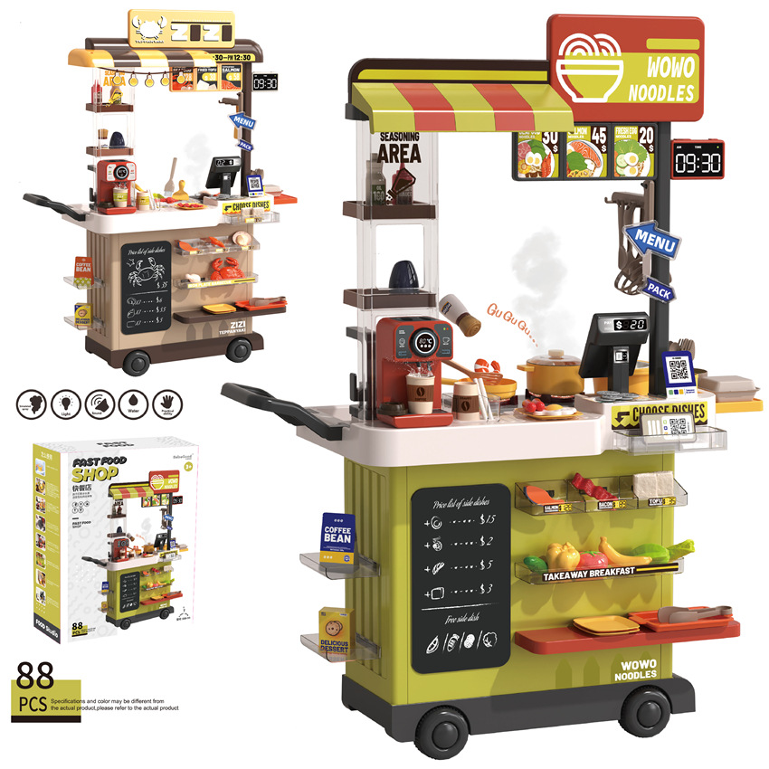 Transfronterizos infantiles simulación sonora y luz pulverización de agua cocina mesa de comedor placa de hierro parrilla pollo frito comida rápida juguete carro