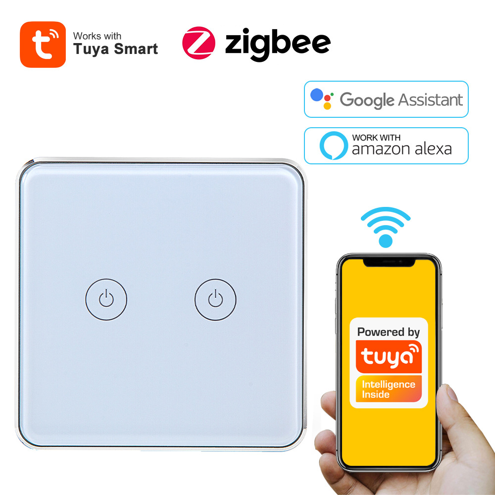 ZigBee涂鸦电压100V-240V钢化玻璃+铝合金框架磁保持单火2路开关
