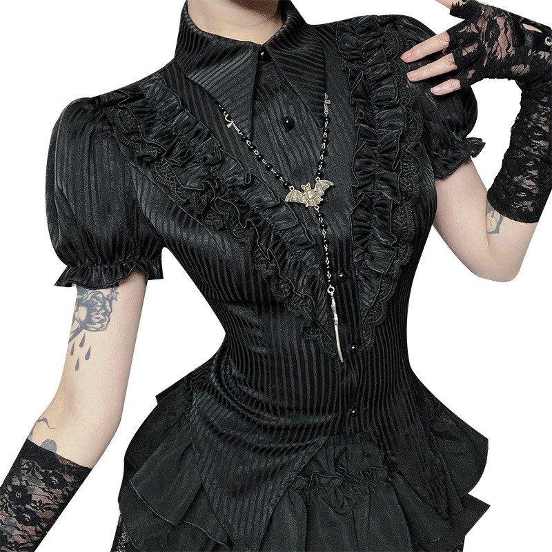 CF25110 subcultura satén oscuro rayas verticales encaje borda burbuja manga corta cintura camisa hottie