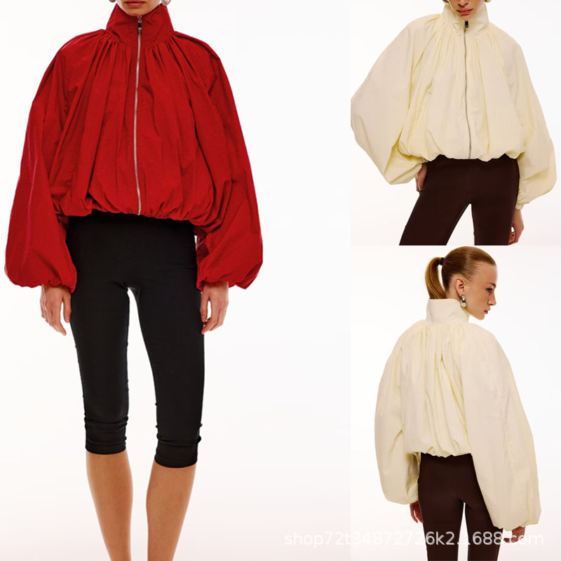 Cross-border European and American style women's stand-collar zip-up cape jacket, loose-fitting lantern sleeve short jacket, new style Cross-border European and American style women's stand-collar zip-up cape jacket, loose-fitting lantern sleeve short jacket, new style