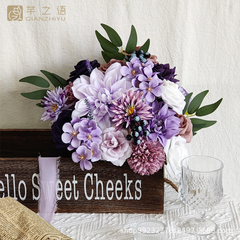 手工制作仿真绢花紫色婚礼订婚仪式DIY手捧新娘礼物家居欧式跨境