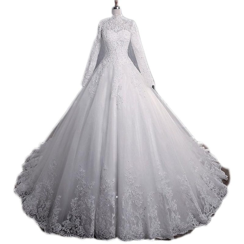 Vestido de novia estilo europeo y americano de Amazon, encaje, modelo nuevo 2026, cuello alto, manga larga, cola grande, talla grande.
