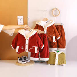 男童女童棉服套装新款宝宝连帽棉衣婴儿童棉裤加绒加厚三件套冬季