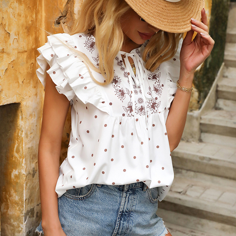 2022 European And American New Spring Solid Color Polka Dot Round Neck Straps Short-sleeved Loose Ladies Casual Tops