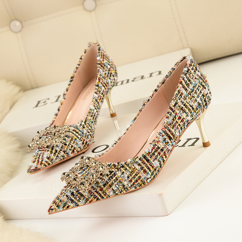 Fashion sexy slim high heels slim heels High heels shallow-cut pointe sparkling rhinester buckle women's single shoes_voghion.com