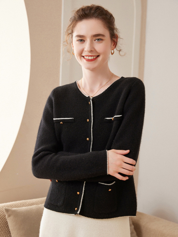 New Color-Blocked Round Neck Small Fragrant Top Thickened Autumn and Winter Sleeves Loose Cashmere Jacket Knitted Cardigan Women's Long