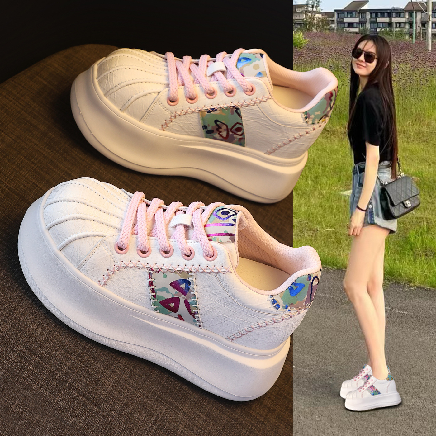 Giày sneaker nữ đế dày tăng chiều cao phong cách thể thao — Trắng hồng