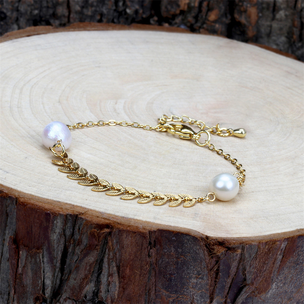 Fashion Leaf Copper Pearl Bracelets Earrings Necklace