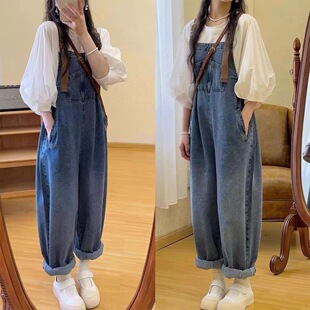 Maternity Fashion Summer Two-piece Western Style Bubble Sleeve Top Slimming Spring and Autumn Casual Denim Strappy suit