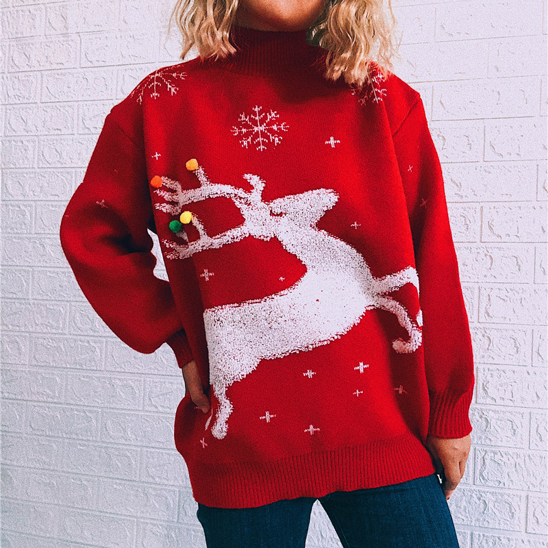 loose thick deer snowflake round neck long-sleeved pullover sweater nihaostyles wholesale Christmas costumes NSSX88950