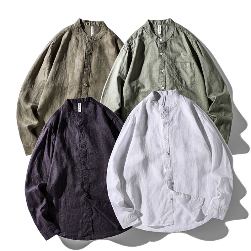 Designer Style! Breathable Linen! Men's Spring and Summer Fashion Lightweight Casual Versatile Long-Sleeve Shirt with Small Stand Collar