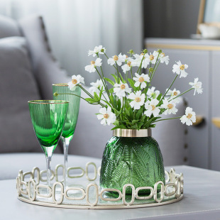 Vintage Green Leaf Metal Ring Glass Vase Nordic Style Home Decoration Ornaments Vase Flowers Dried Flowers Water Vase