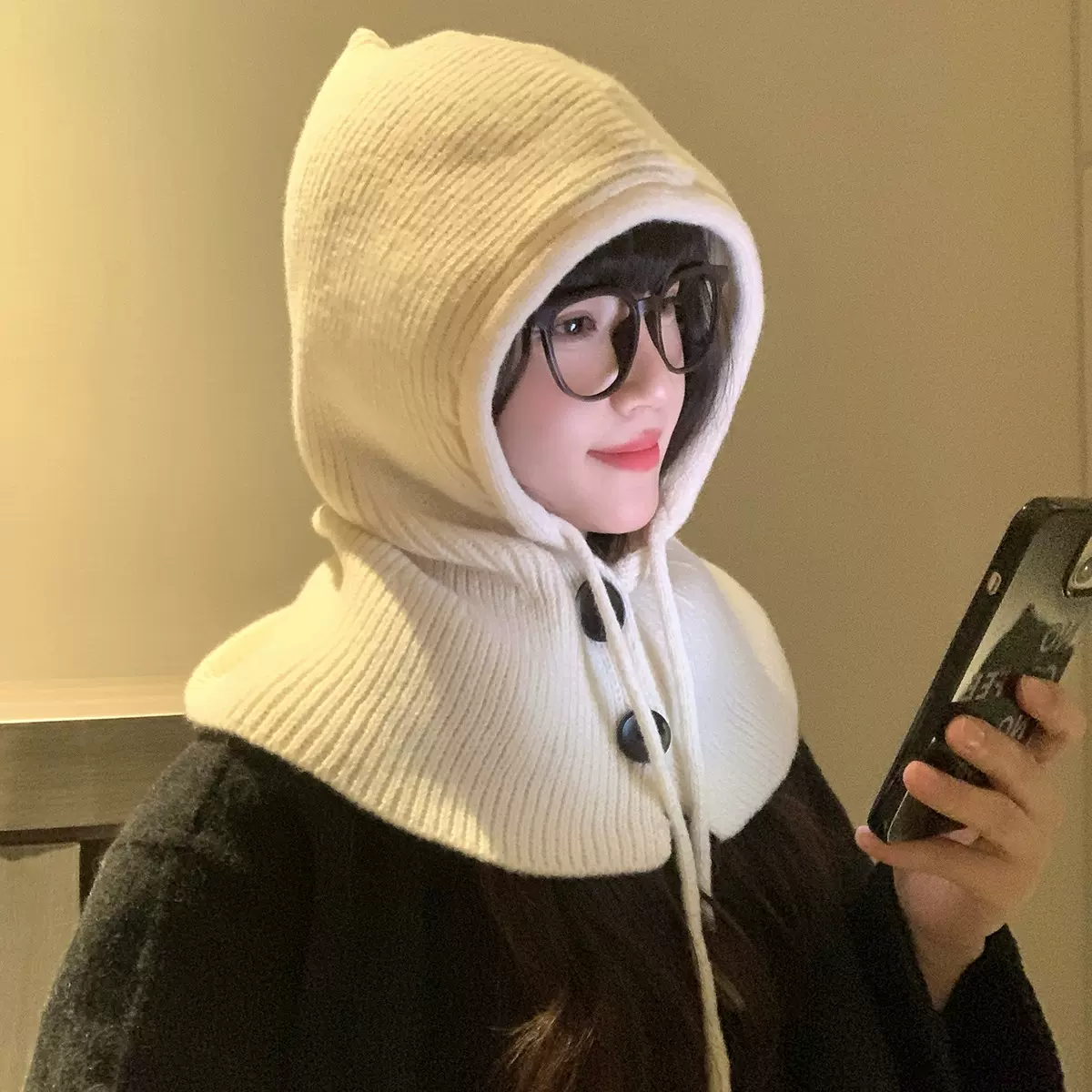 巴拉克拉法帽子女秋冬天保暖针织帽子围巾一体连帽围脖护耳毛线帽