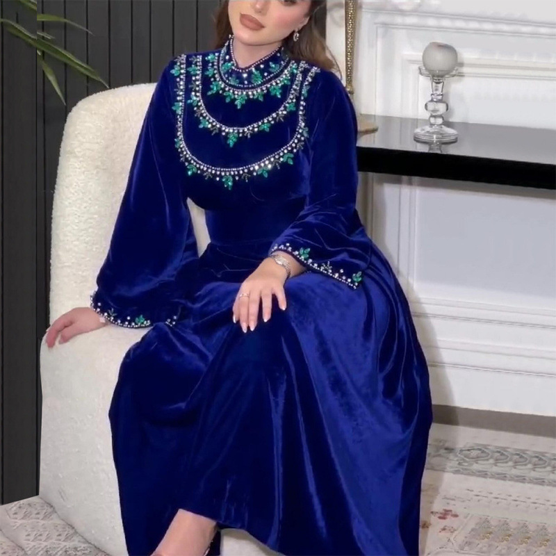 XQY Robe Velvet Zipper Green Water Drop Rhinestone Dress XQY Robe Velvet Zipper Green Water Drop Rhinestone Dress