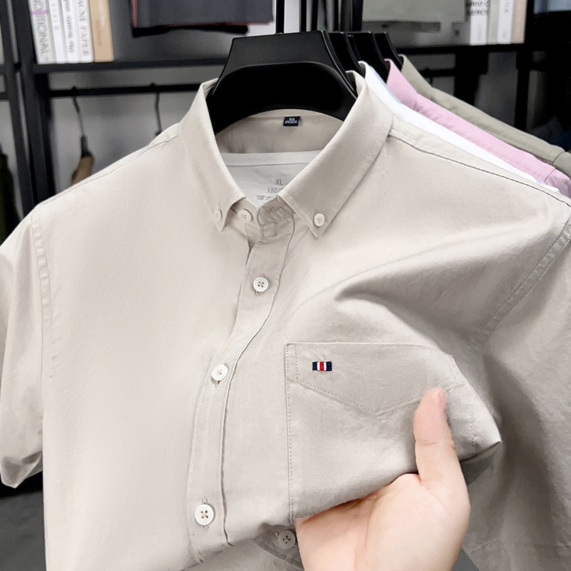 Authentic American Tommy Short-Sleeved Shirt for Men, Summer Cardigan, Solid Color, High-End Business, Non-Iron, Embroidered, Pure Cotton Shirt Wholesale