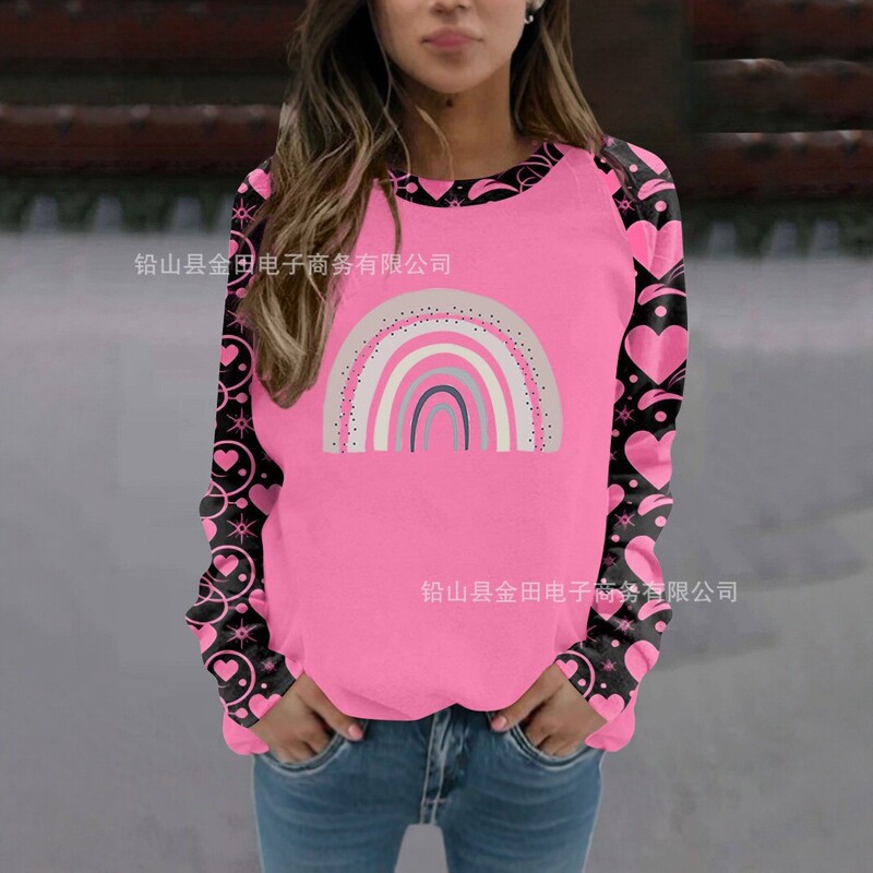 2025 New Rainbow Print Women's Round Neck Sweatshirt Loose Long Sleeve Raglan Sleeve Casual Top
