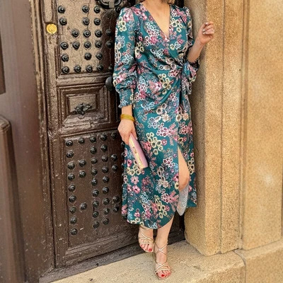 Spring and Autumn European and American Plus-Size Women's Clothing, Dark Green Floral Satin Wrap Dress with Tie Waist, Slit, Slimming Effect, Short Sleeves