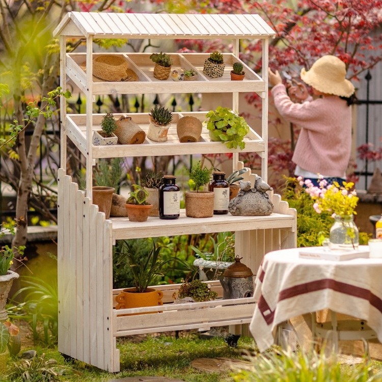 花架实木工作台园艺工具收纳整理架阳台置物架户外防腐木庭院